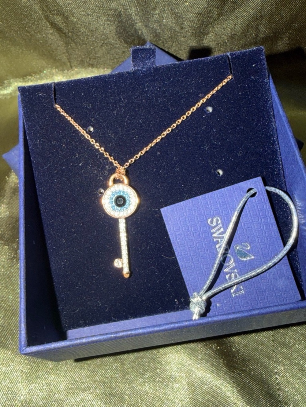 Swarovski Rose Gold Key Pendant Necklace with Blue and Light Blue Crystals